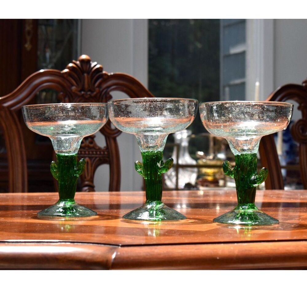 Set of 3 Mexican Hand Blown Cactus Stem Margarita Glasses Blown Heavy Barware